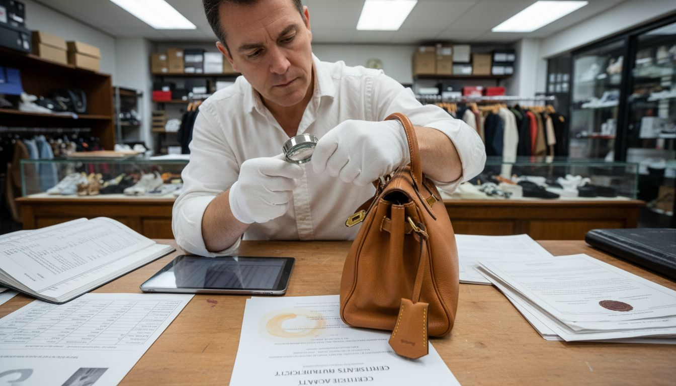Authenticator inspecting designer bag for luxury resale