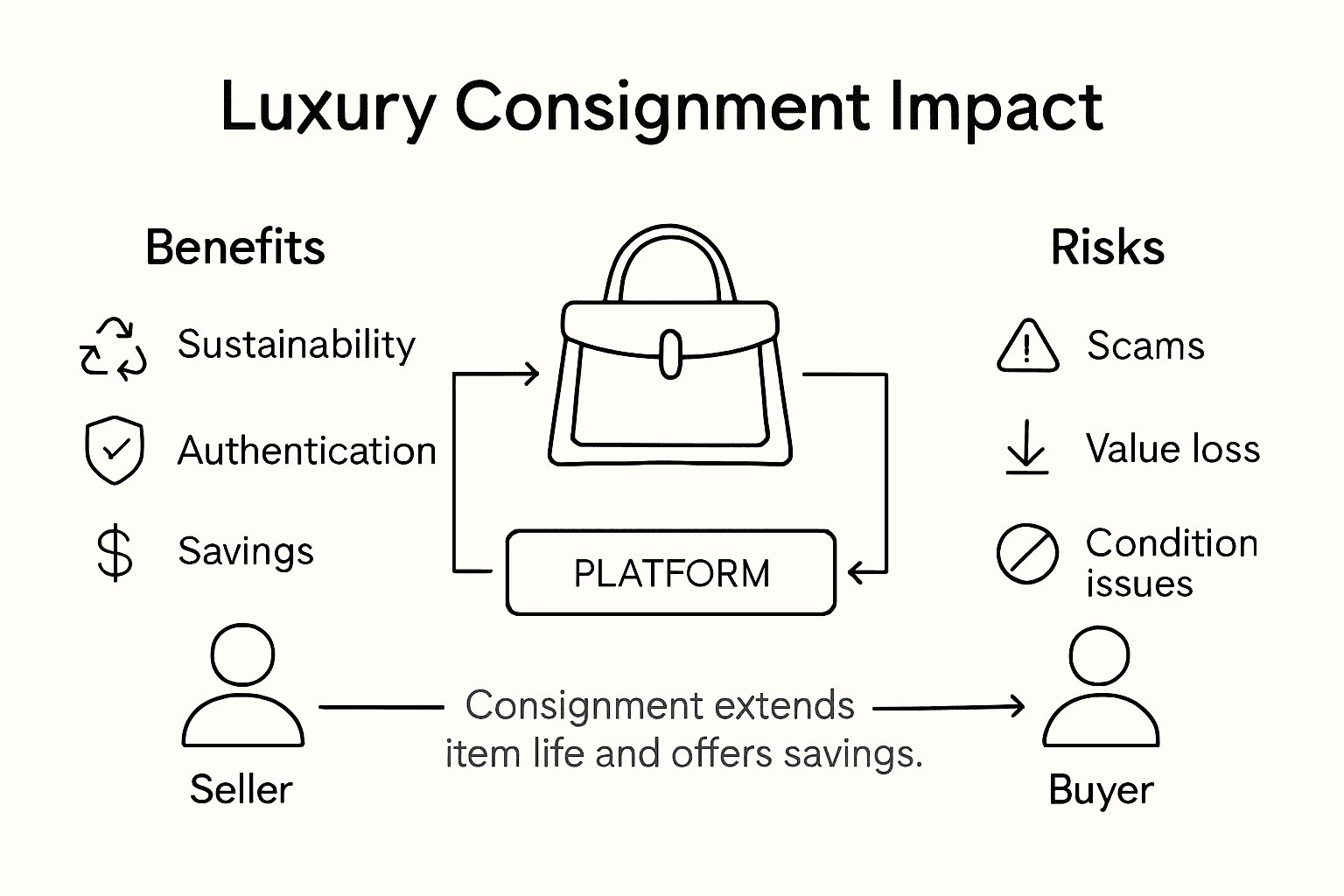 Luxury consignment impact infographic with benefits and risks