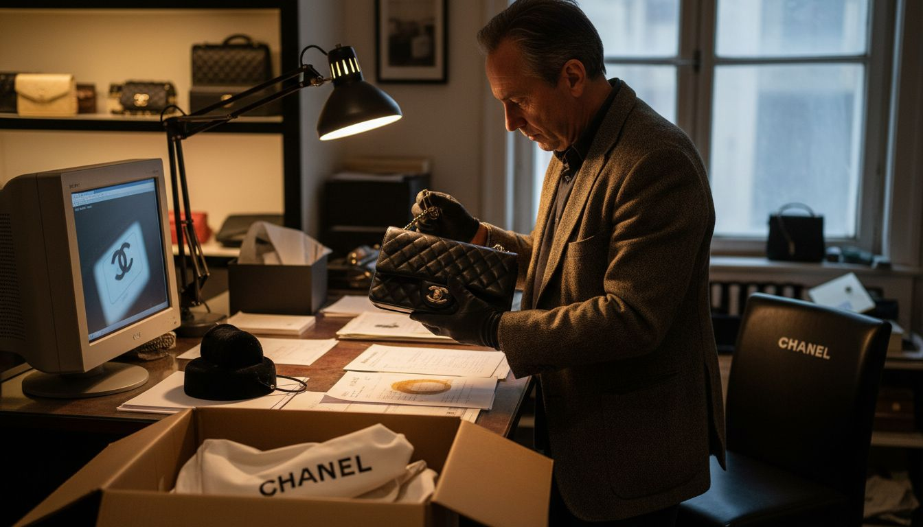 Appraiser examining designer bag resale value