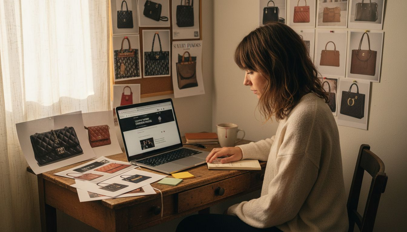 Researching designer bags at home desk