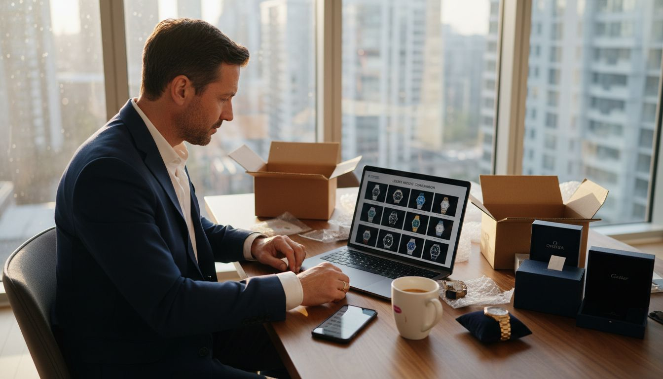 Man compares luxury watches, unboxing packages