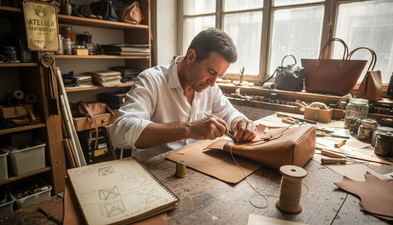Artisan crafting luxury leather handbag