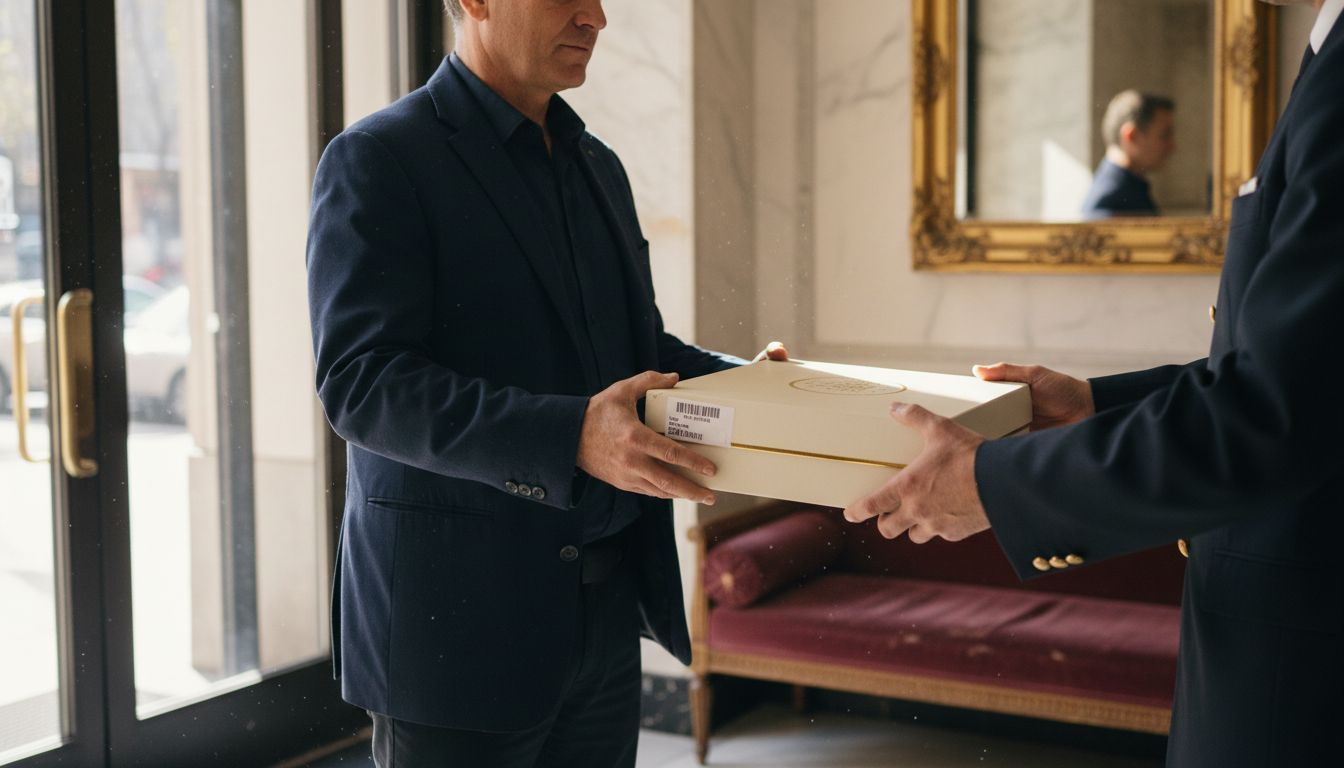 Luxury courier delivers package to apartment lobby