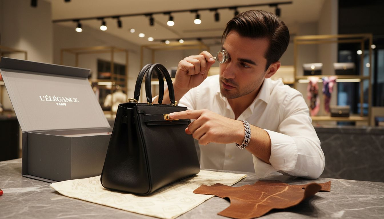 Shop assistant checking luxury bag stitching