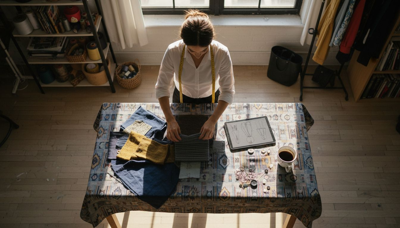 Designer arranges fabrics in bright studio
