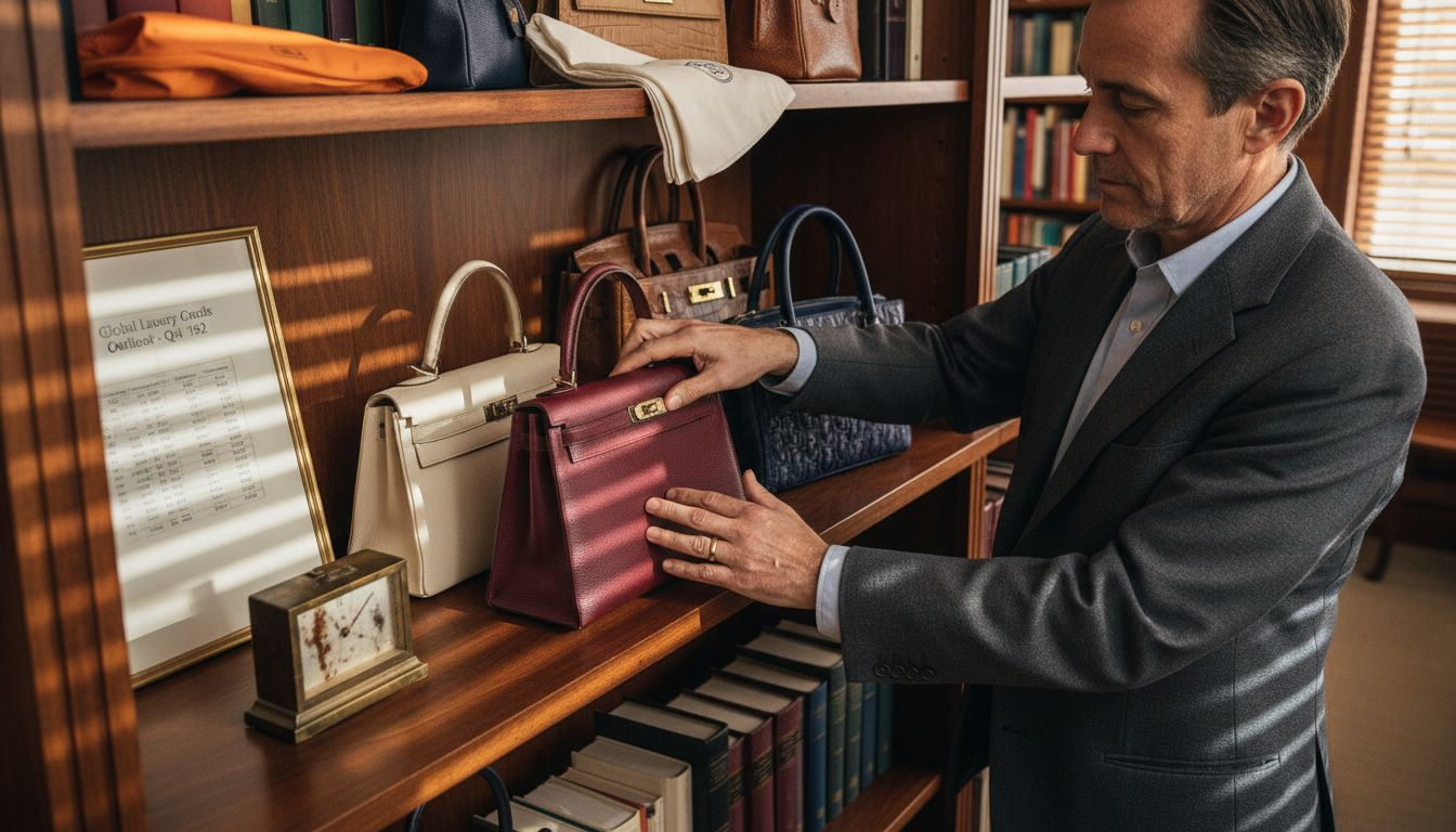 Man examining luxury vintage bag display