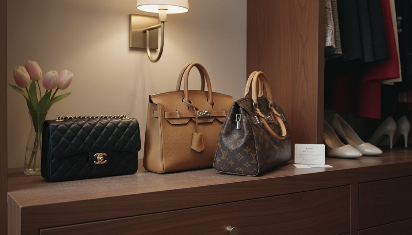 Iconic designer bags on walnut shelf