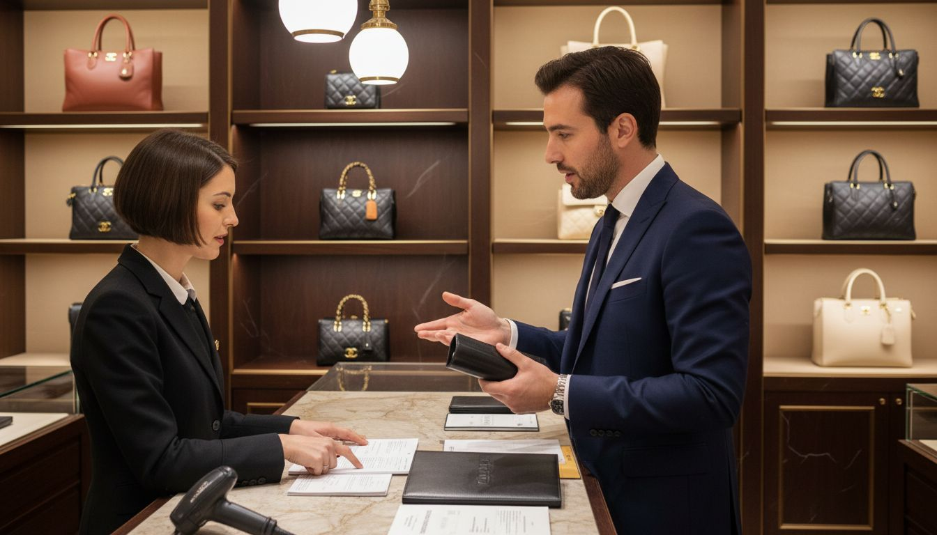 Customer verifying certificate in luxury boutique