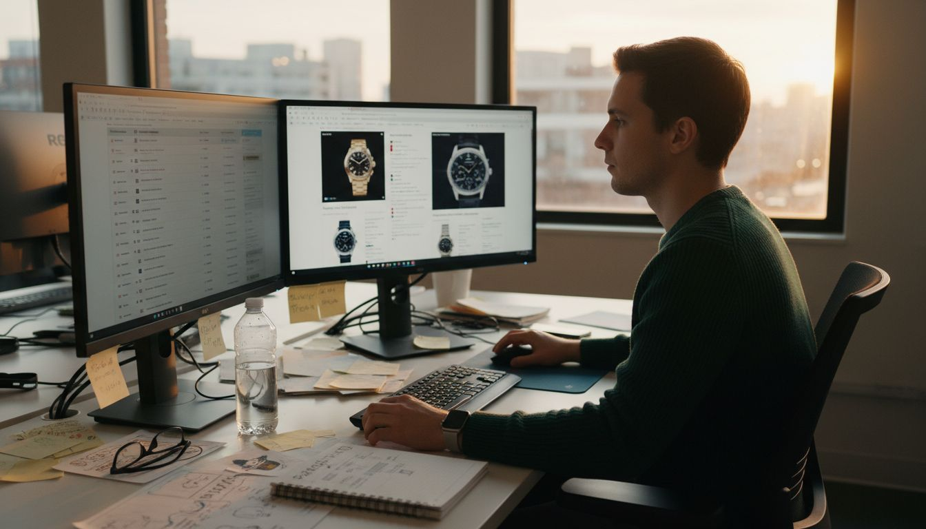 Analyst comparing luxury resale pricing monitors