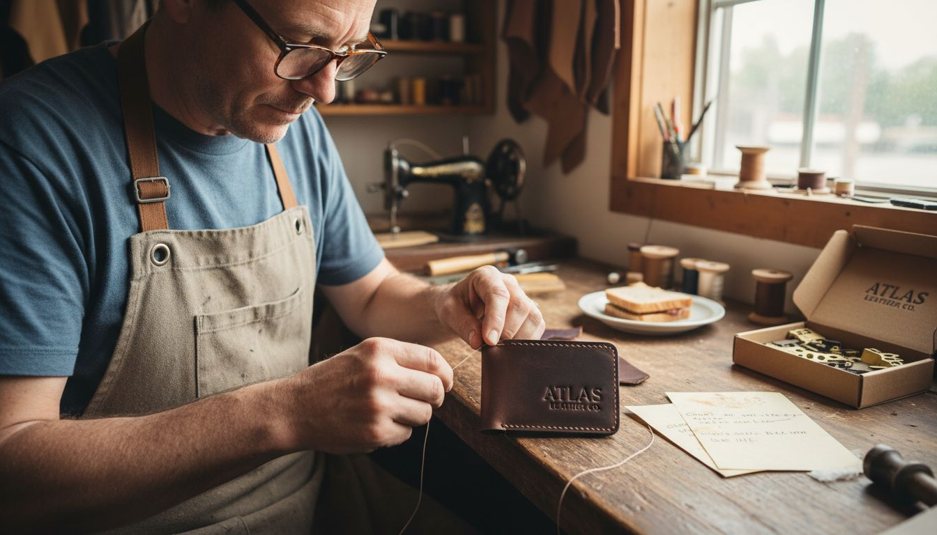 Artisan hand-stitching designer wallet at workbench