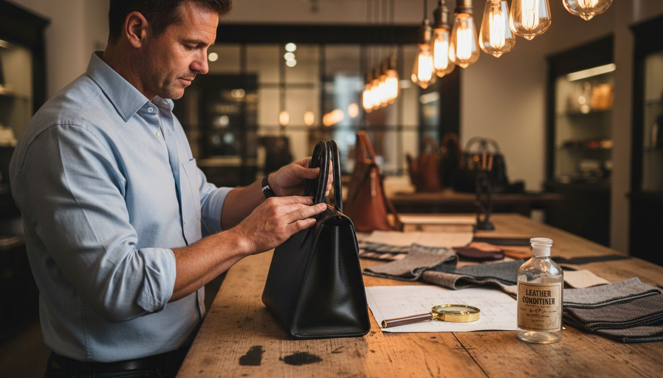 Specialist inspecting luxury bag craftsmanship closely