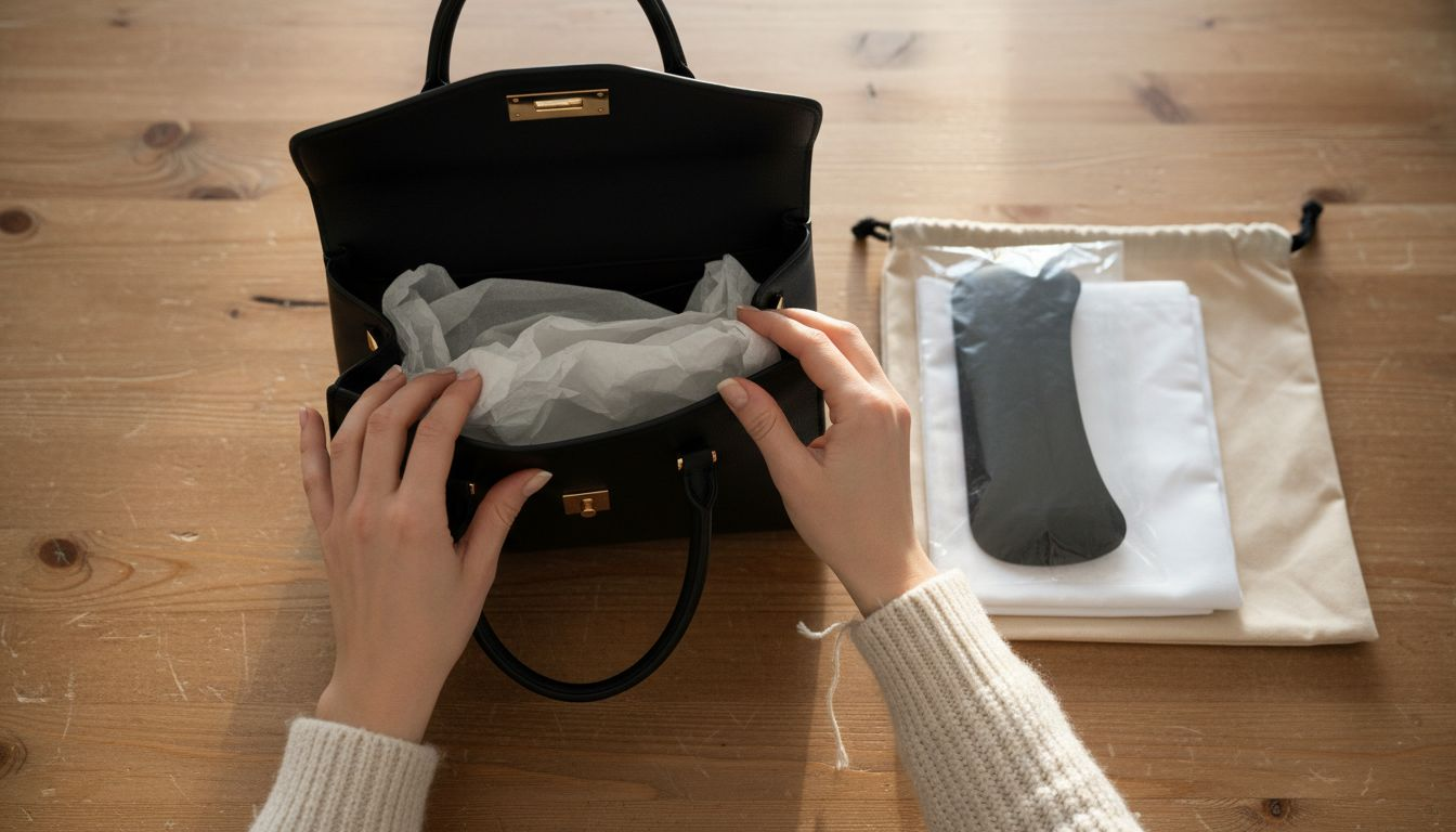 Hands stuffing handbag with tissue paper