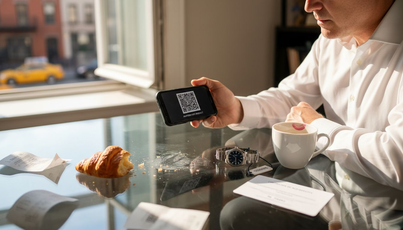 Person verifying luxury item authentication at home