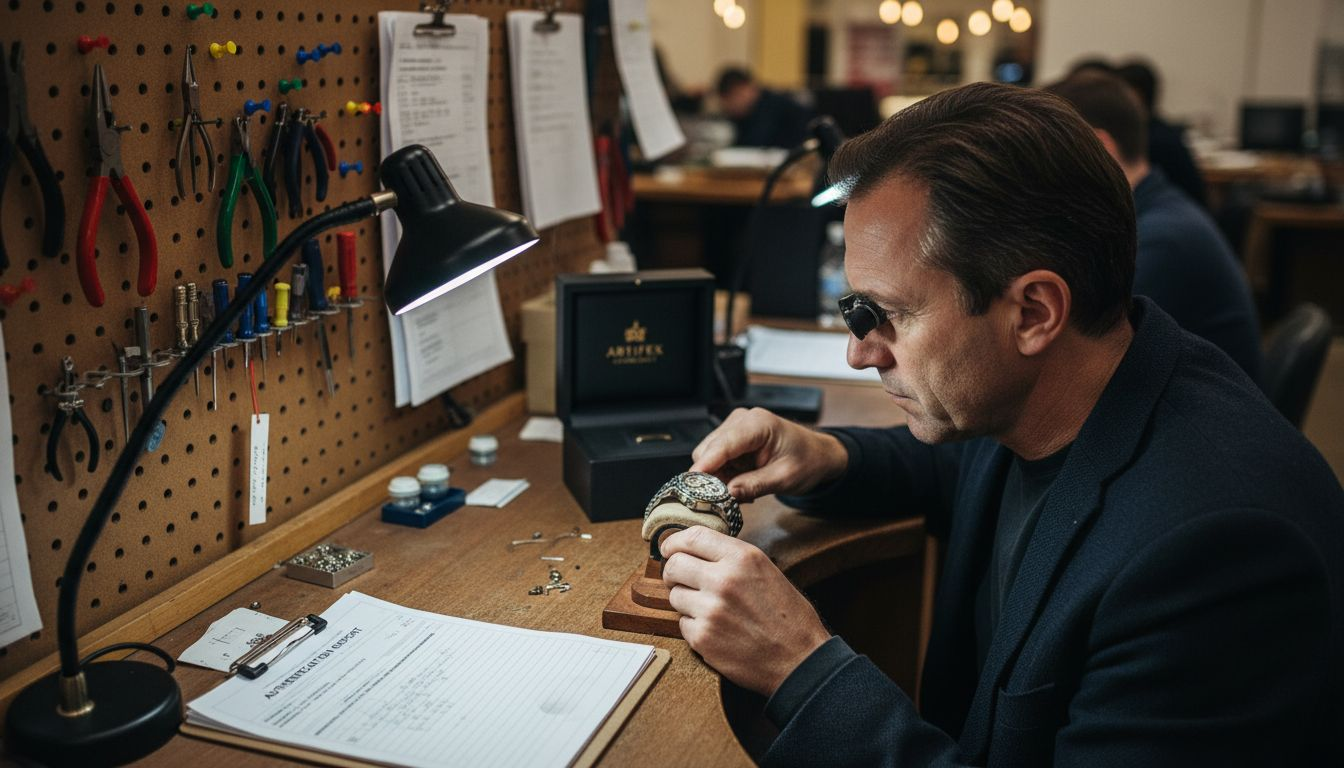 Authenticity expert inspects luxury watch closely