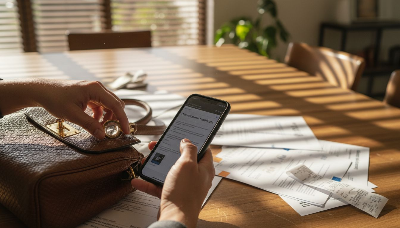 Hands authenticating luxury handbag with documents