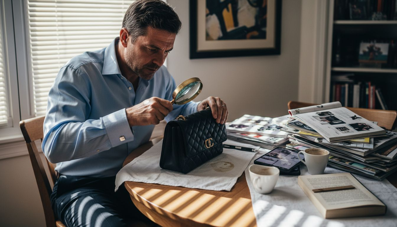 Man inspecting logo with magnifying glass