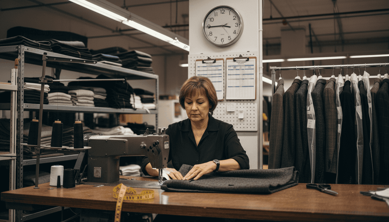 Seamstress sewing luxury jacket in factory setting