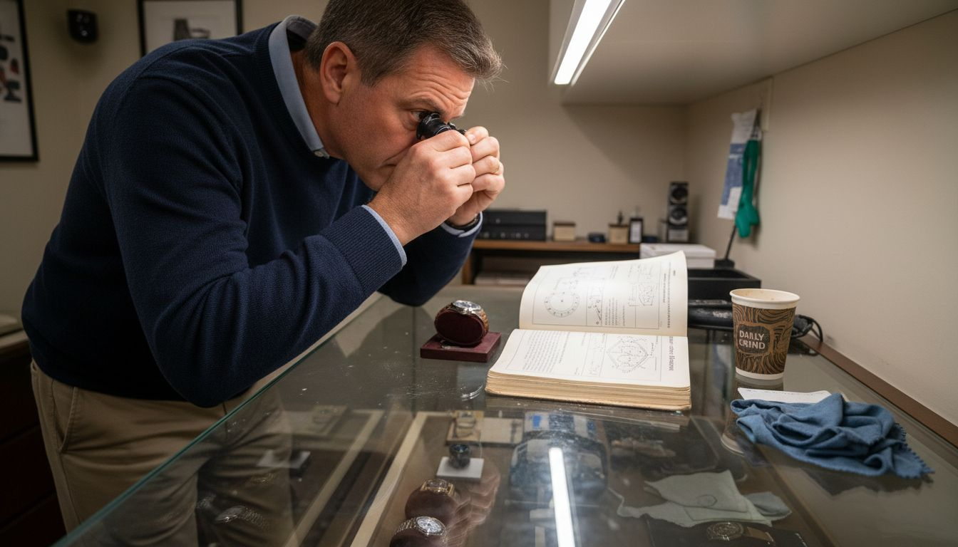 Man inspecting designer watch in authentication lab