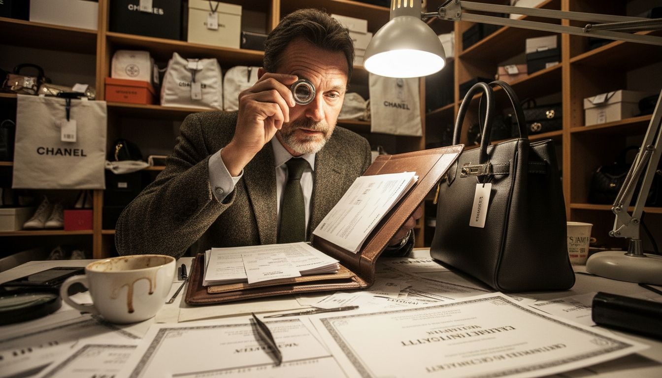 Expert authenticating luxury designer handbag