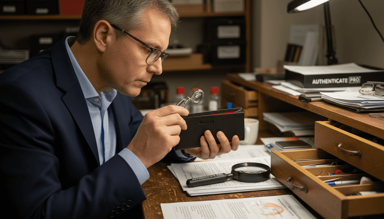 Expert authenticating luxury item backstage