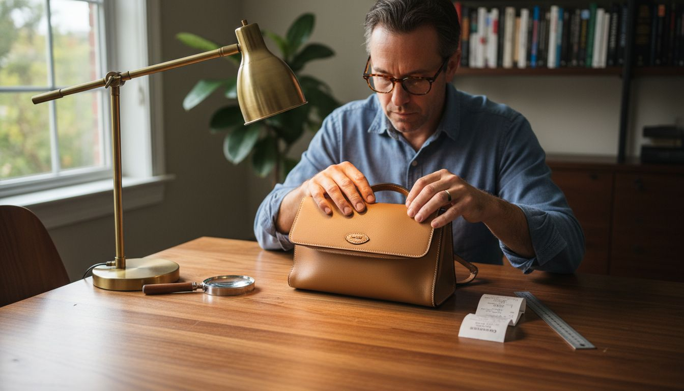 Man examining stitching on luxury handbag