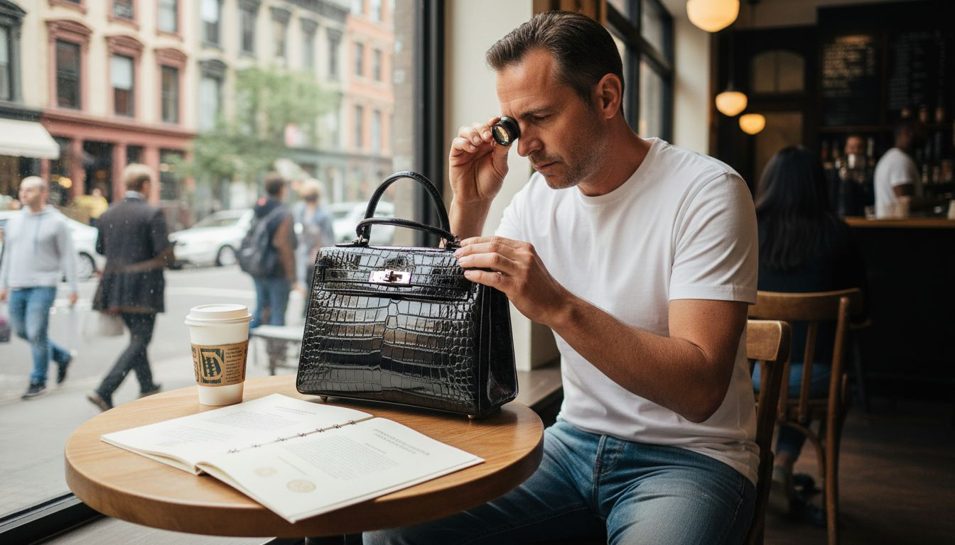 Man checking designer bag authenticity in café