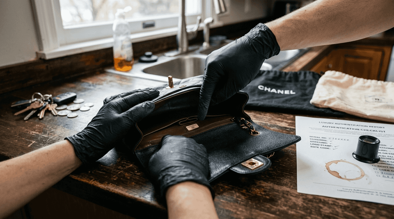 Gloved hands verify authenticity of designer bag