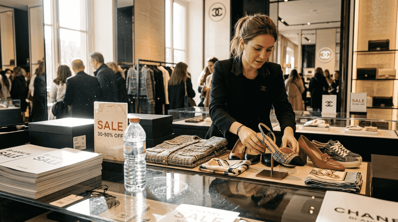 Chanel staff arranging sale items in boutique