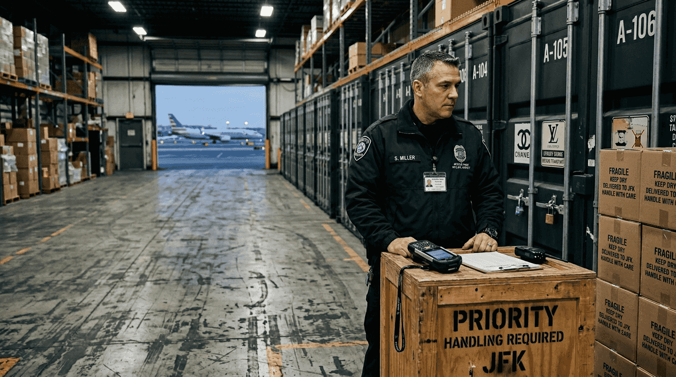 Security guard monitors luxury goods shipping area