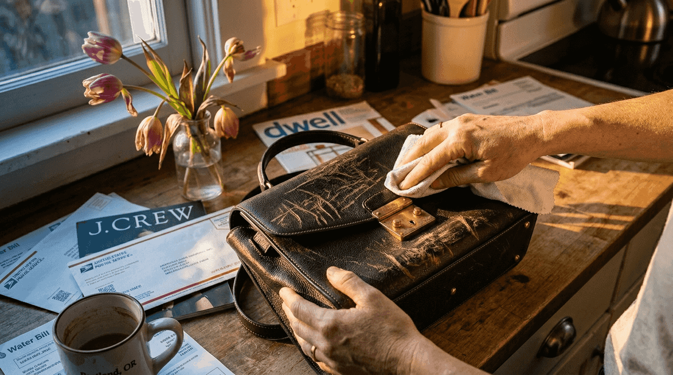 Hands inspecting leather handbag for maintenance