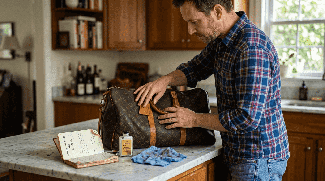 Man touching Louis Vuitton bag leather
