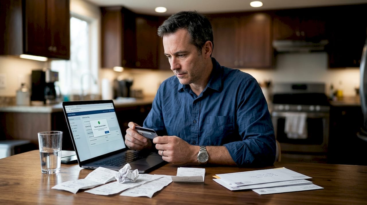 Man activates payment security at kitchen table