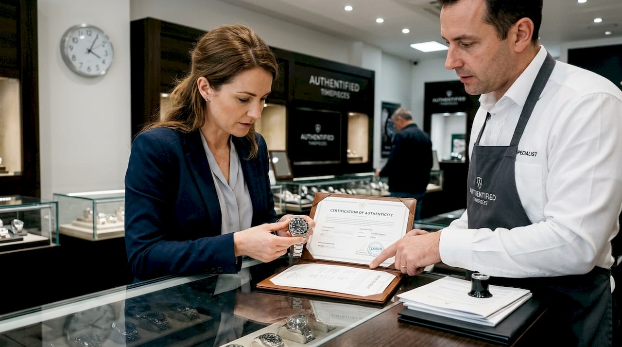 Woman inspecting pre-owned luxury watch for authenticity