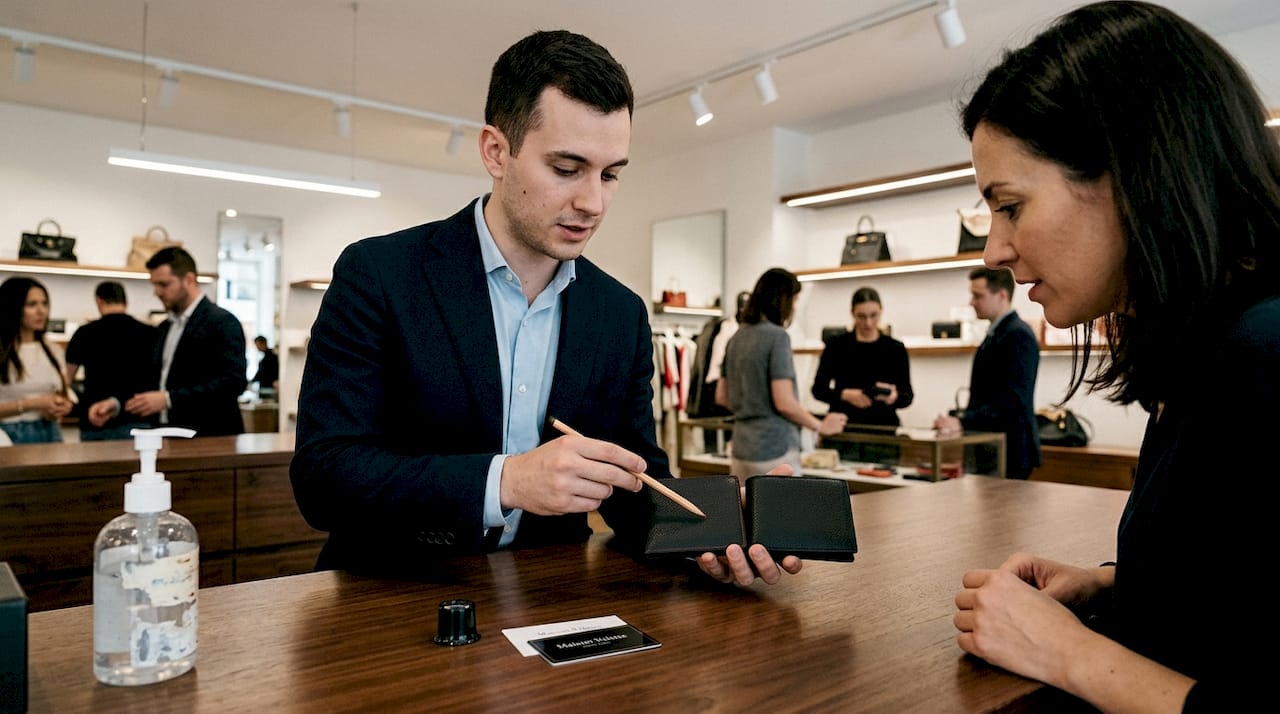 Salesman comparing real and fake designer wallets