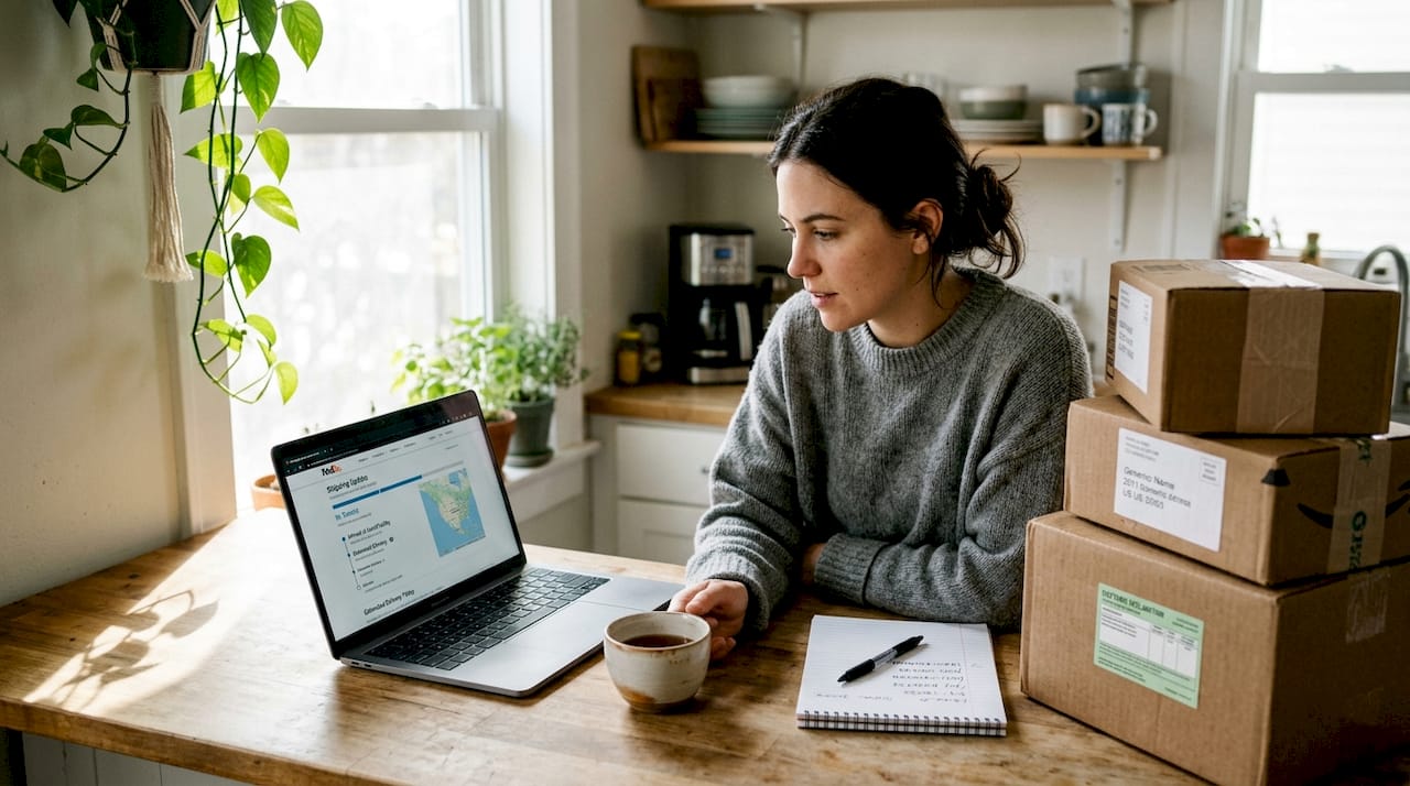 Buyer checking luxury package tracking in kitchen