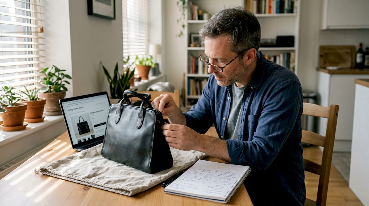 Man checking quality of designer handbag at table