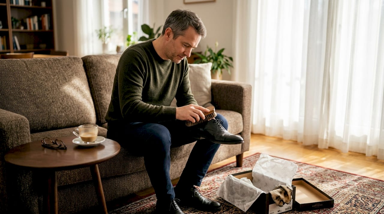 Man caring for designer shoes in living room