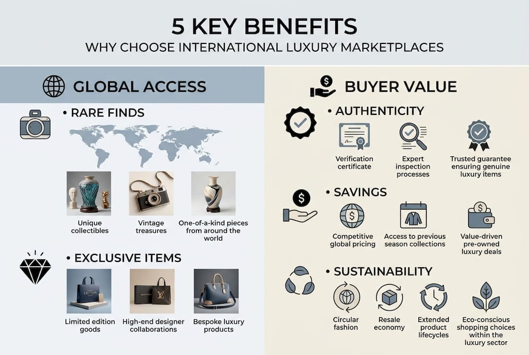 Infographic showing five key luxury marketplace benefits
