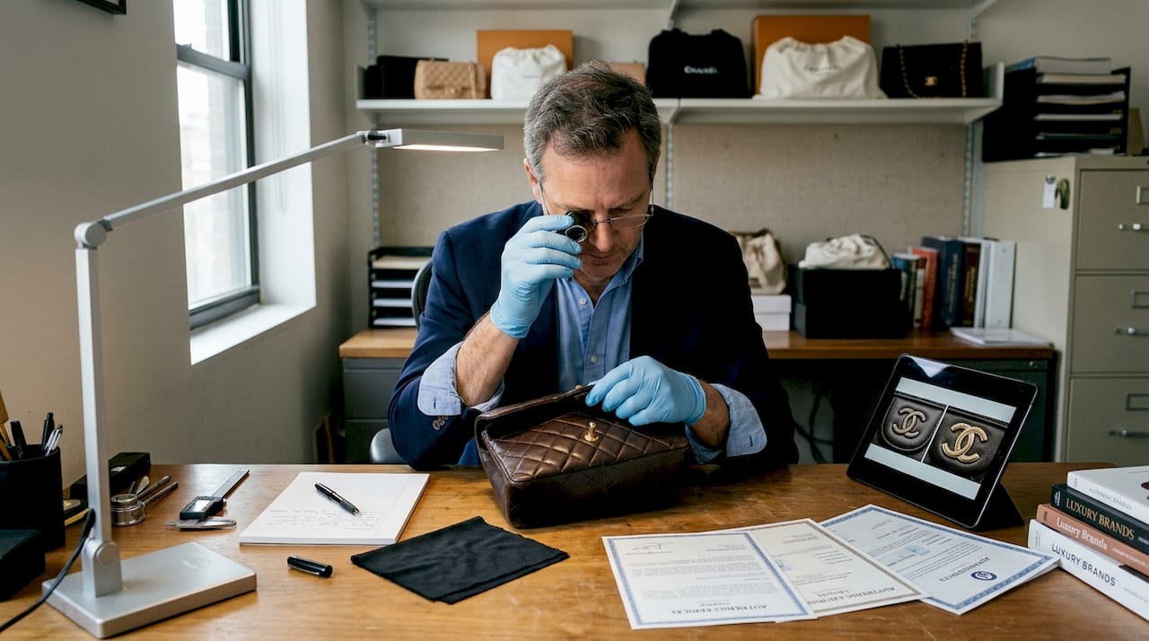 Authenticator checks designer bag in office