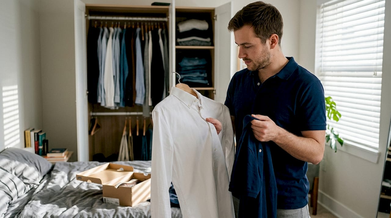 Man comparing shirts quality at home dresser