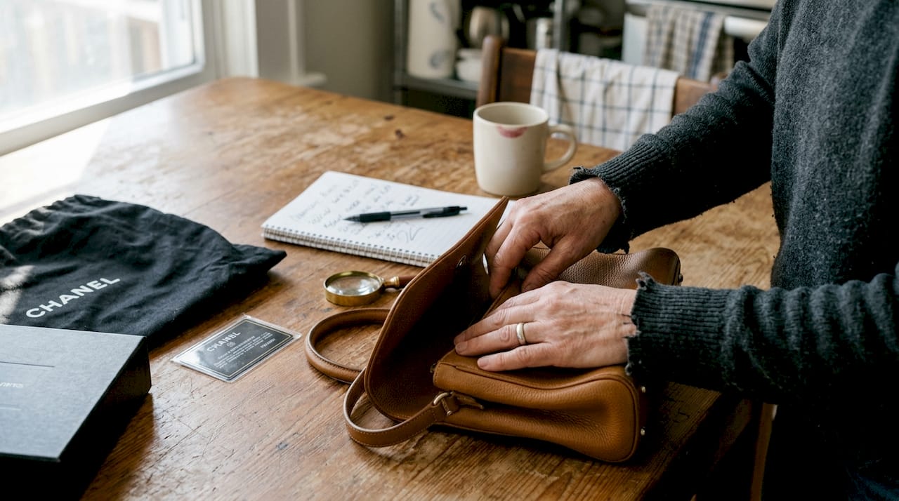 Hands inspecting luxury handbag authenticity details