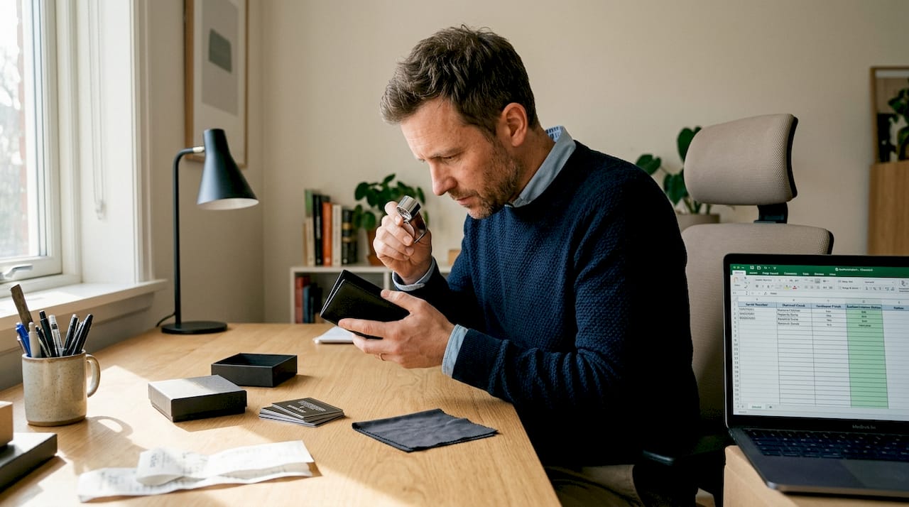 Man authenticating designer wallet at desk
