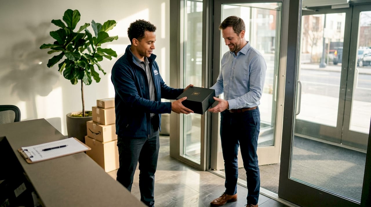 Hand-off luxury package delivery in apartment lobby