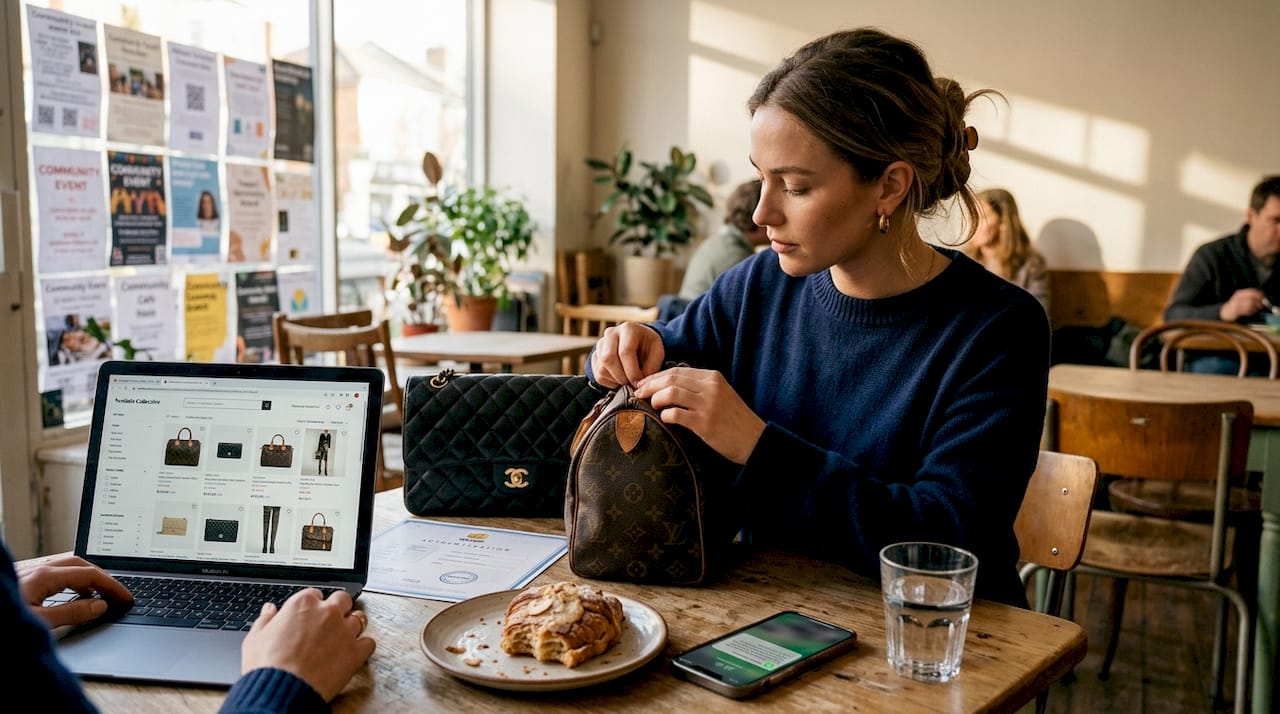 Shopper comparing handbags and authentication certificates