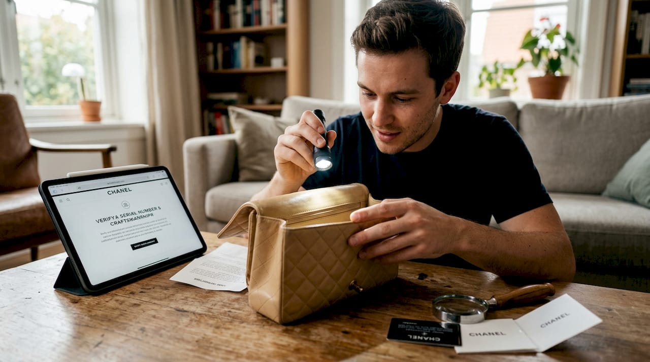 Man inspecting designer bag for authenticity