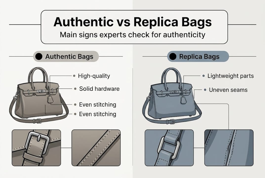 Infographic showing signs of authentic versus replica bags
