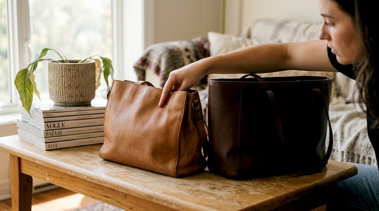 Close-up comparison authentic and replica bag leather