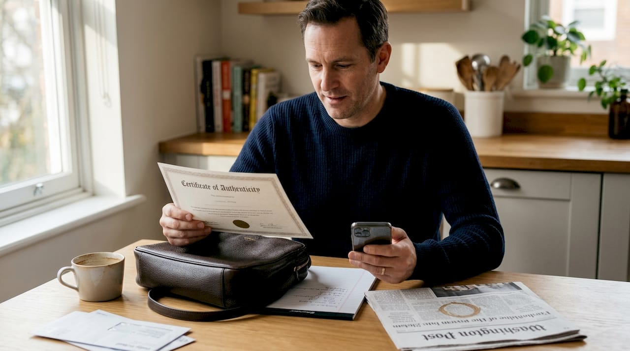 Man verifying authenticity of designer handbag