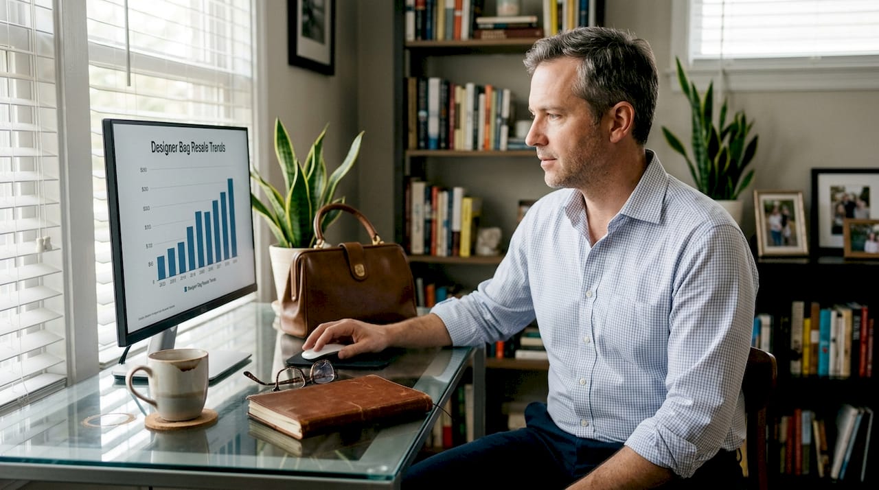 Man checks resale trends for designer bags