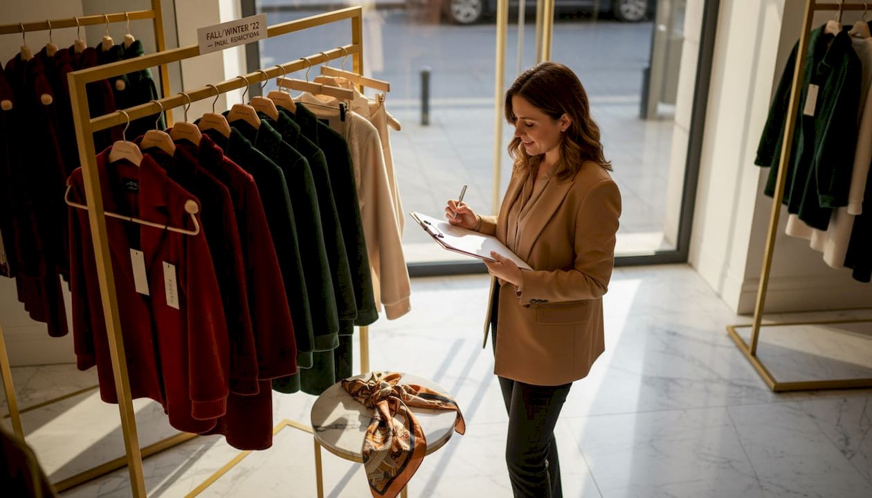 Retail buyer reviewing inventory in boutique